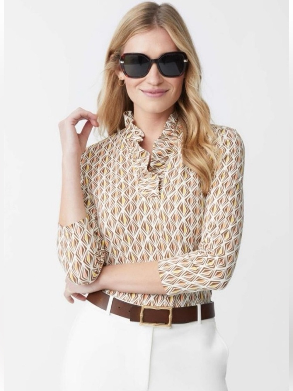 J. McLaughlin Durham Ruffle Top in Catalina Cloth Coffee Orange Diamond       11